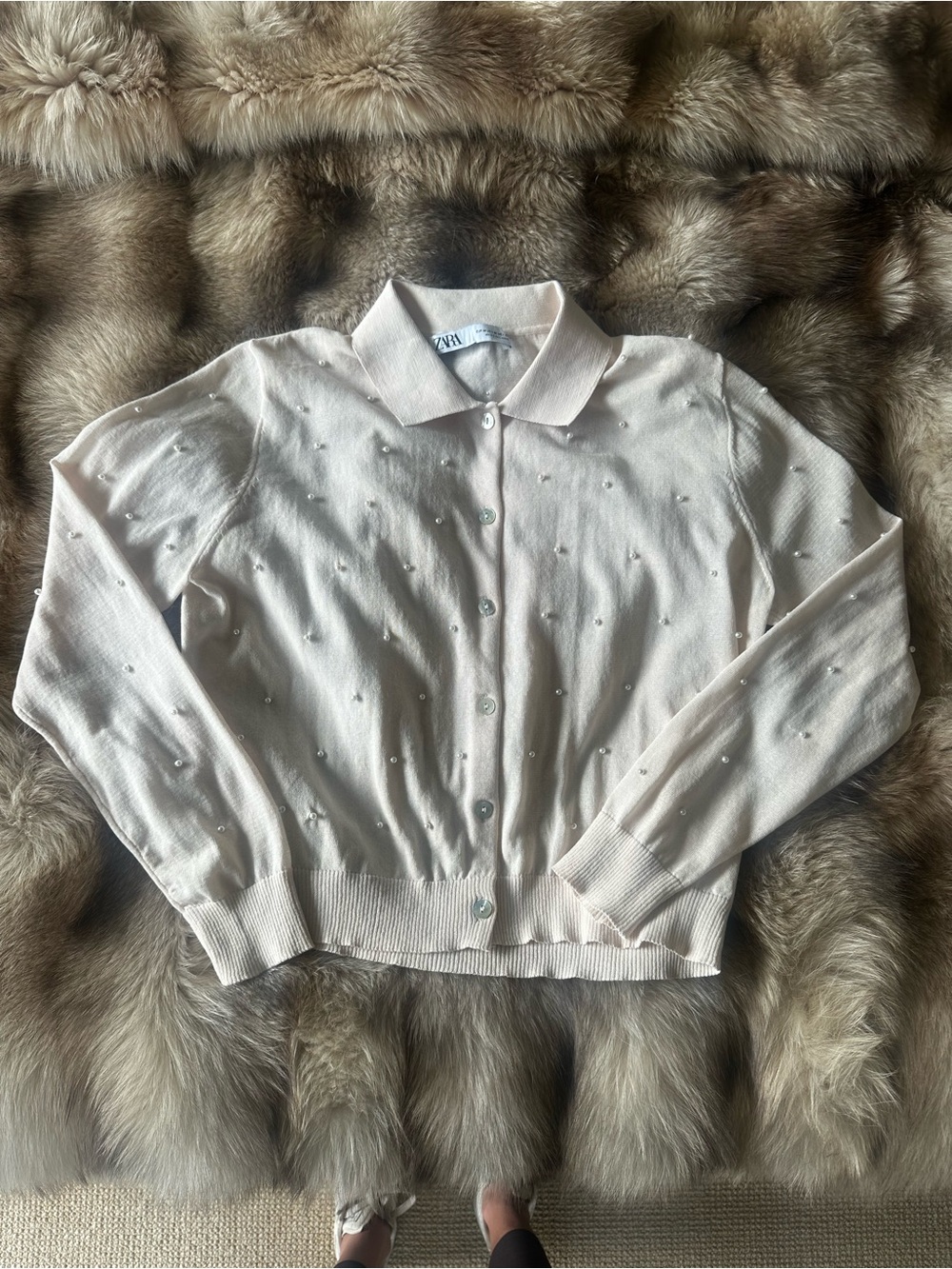 Zara Pearl-Embellished Cream Button-Down Knit Shirt